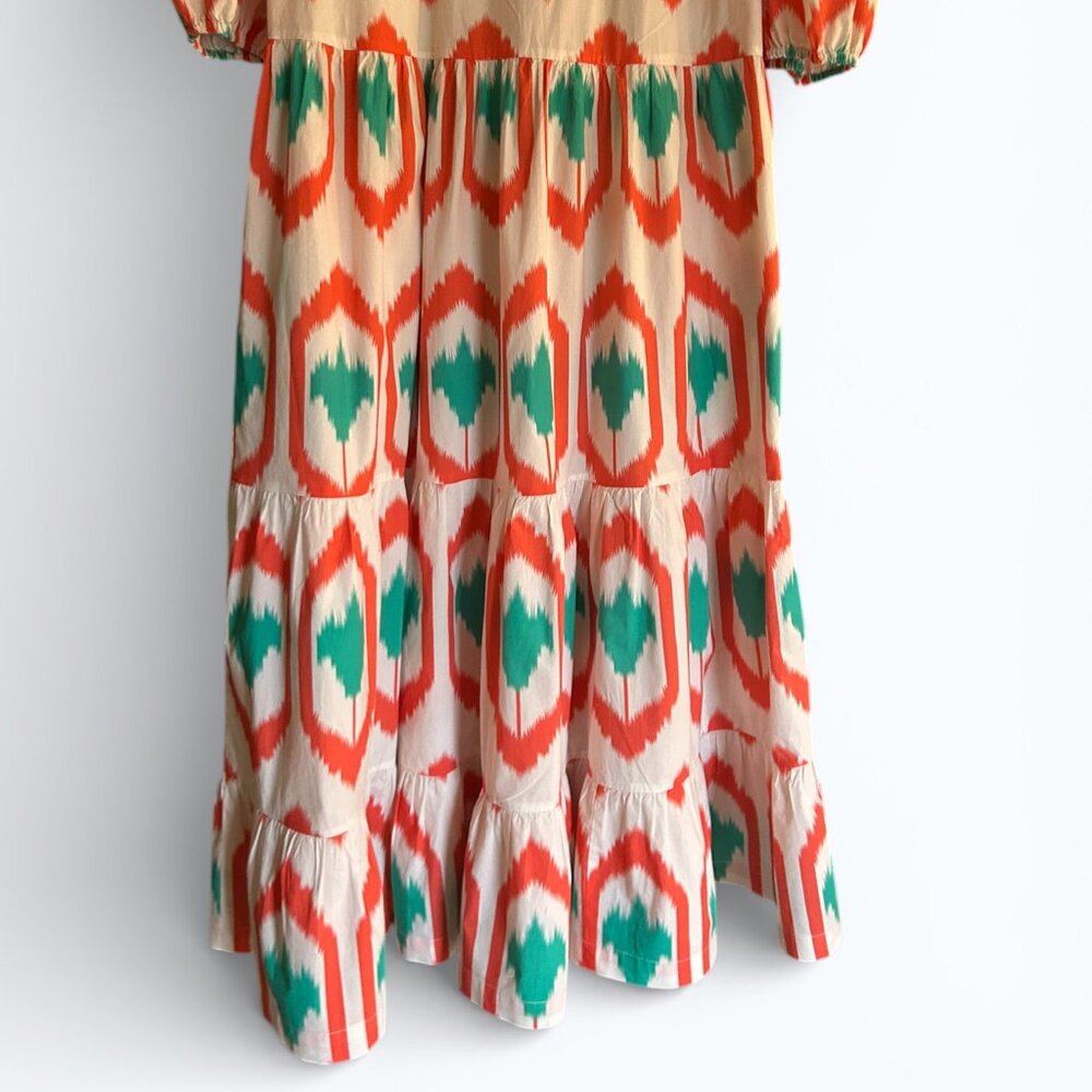 Oliphant Coral Odisha Bold Ikat Pattern Coral Turquoise White Cotton Dress Sz XL - Picture 6 of 7